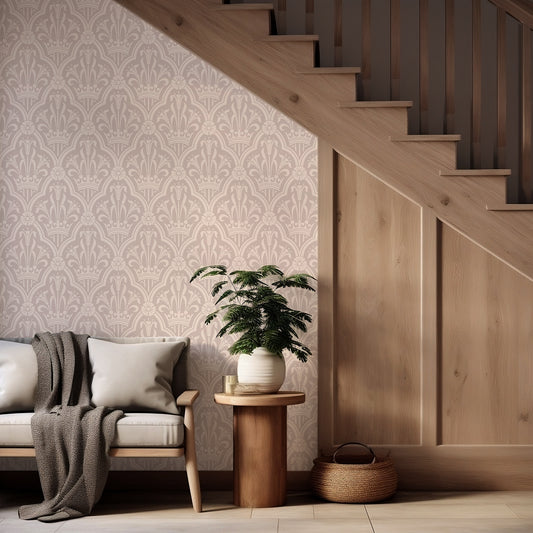 Georgina Summer in Hallway with modern sofa and wooden stairs